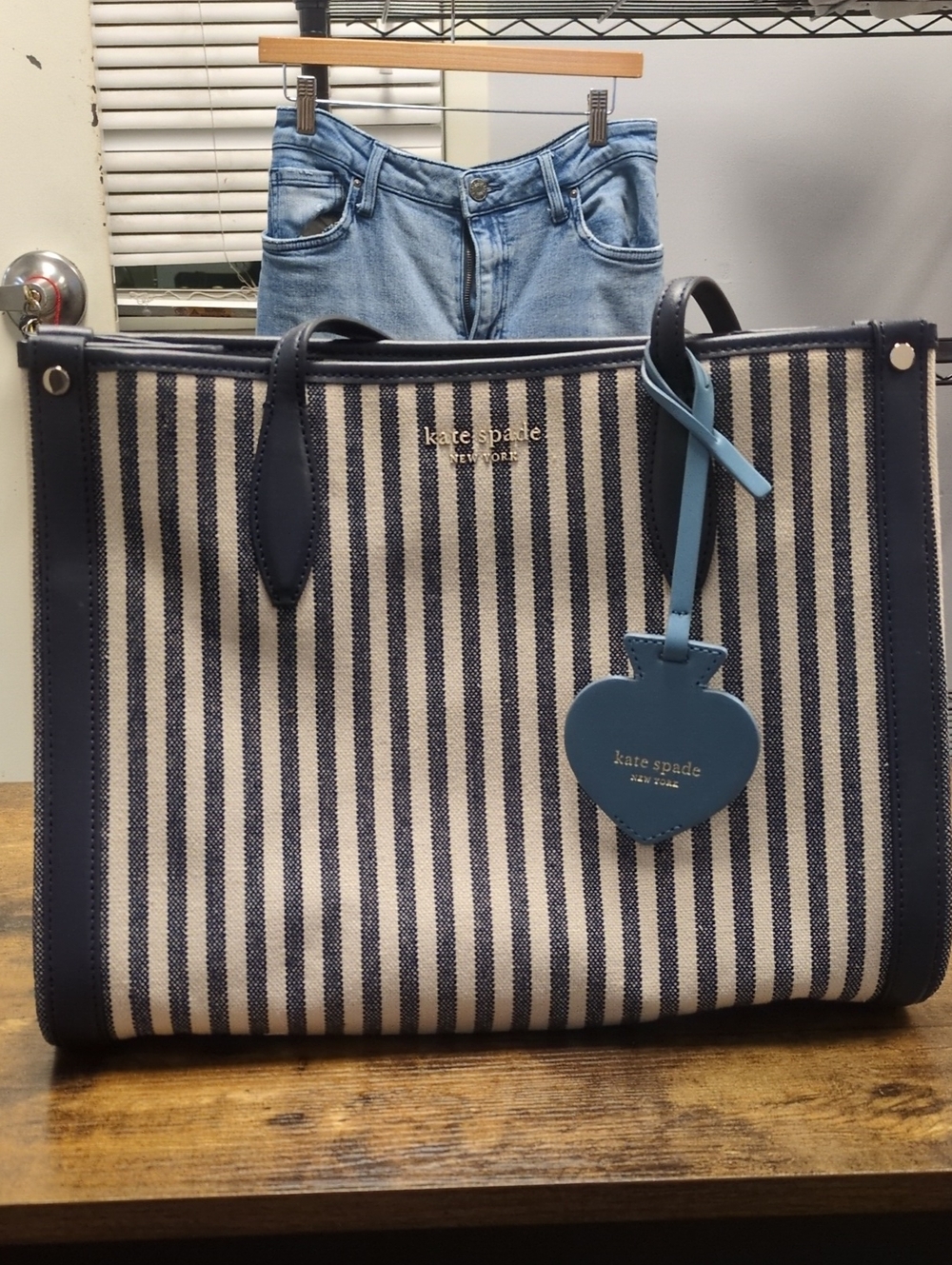 kate spade Navy & Cream Striped Canvas Tote with Blue Heart Tag
